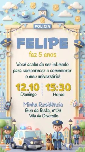 Convite de Aniversário Policial Infantil 3D para Editar