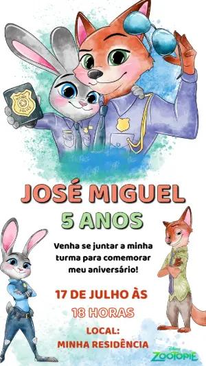 Convite de Aniversário Zootopia Aquarela para Editar