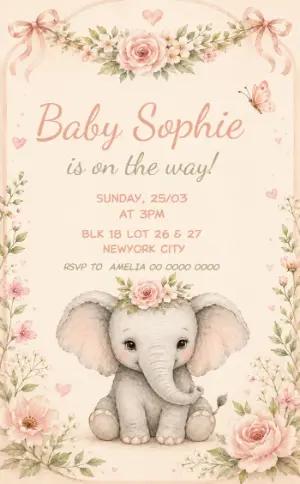 Cute Elephant Baby Shower Invitation Editable Template
