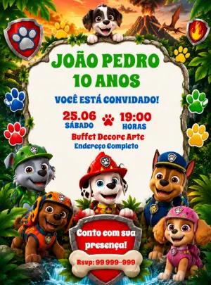 Convite Aniversário Patrulha Canina Aventura Dino para editar