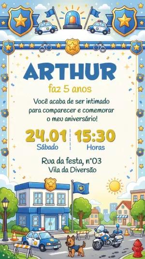 Convite de Aniversário Policial Infantil para Editar
