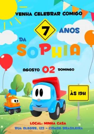 Convite de Aniversário Infantil Caminhões Colorido para Editar