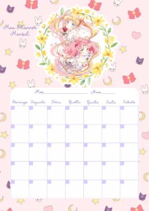 Planner Mensal Fofo Tema Anime Rosa Modelo Editável
