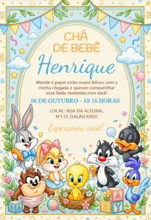 Convite Chá de Bebê Baby Looney Tunes Fofo para Editar