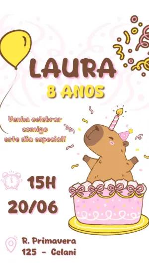 Convite de Aniversário Capivara Menina Rosa Editável