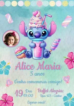 Convite de Aniversário Stitch Doces e Glitter Editável com Foto