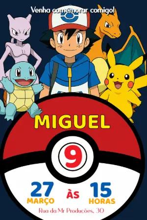 Convite de Aniversário Pokémon com Personagens para Editar