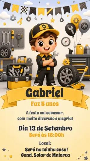 Convite de Aniversário Mecânico Infantil para Editar Online