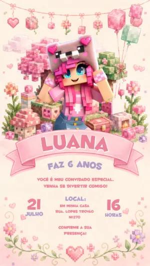 Convite de Aniversário Minecraft Menina Rosa Editável