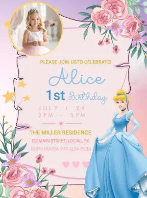 Editable Cinderella Princess Birthday Invitation Template with photo