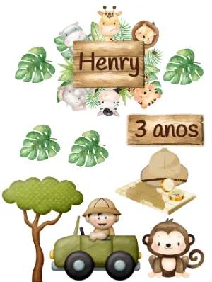 Topo de Bolo Safari Animais Fofos Editável para Imprimir