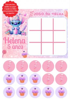 Lembrancinha Jogo da Velha Stitch Rosa Editável para Aniversário