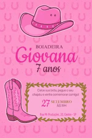 Convite Aniversário Boiadeira Country Rosa para Editar