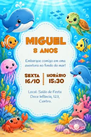 Convite de Aniversário Fundo do Mar Editável com Animais Marinhos