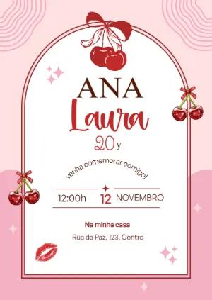 Convite de Aniversário Cereja Rosa Moderno para Editar