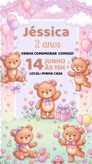 Convite de Aniversário Ursinha Rosa Aquarela para Editar