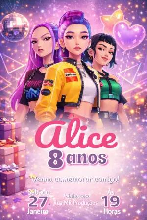 Convite de Aniversário Guerreiras do K-pop Girl Power Editável