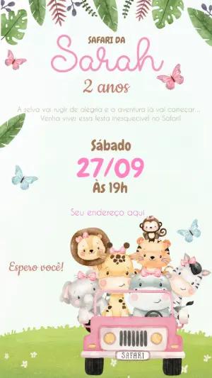 Convite Aniversário Safari Rosa com Animais para Editar
