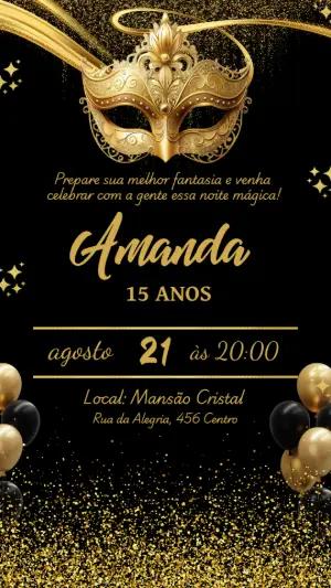 Convite Aniversário Baile de Máscaras Dourado para Editar