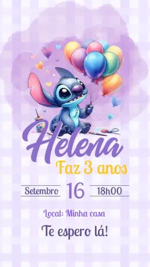 Convite de Aniversário Stitch Aquarela Lilás para Editar