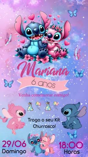 Convite de Aniversário Stitch e Angel para Editar Online