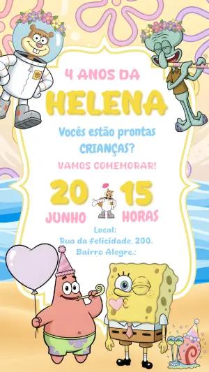 Convite de Aniversário Bob Esponja Digital para Editar