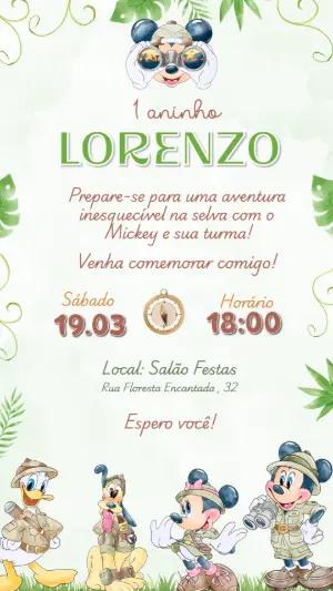 Convite Digital Aniversário Mickey Safari Aventura Editável