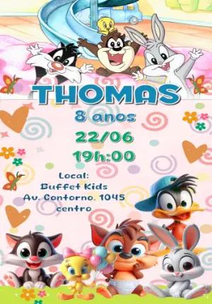 Convite Animado Aniversário Looney Tunes Baby para Editar