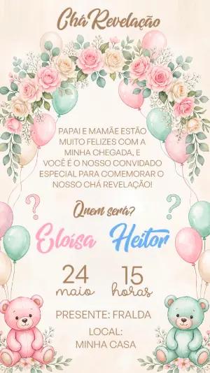 Convite Chá Revelação Ursinhos Aquarela Editável