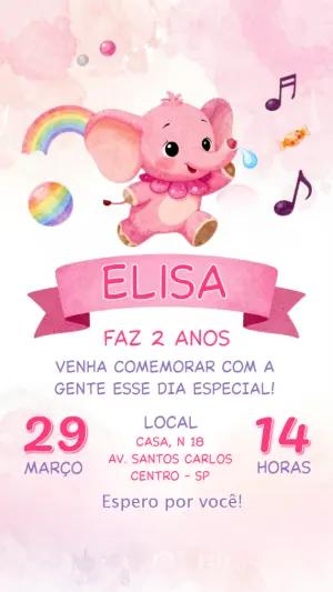 Convite de Aniversário Elefantinha Rosa Aquarela para Editar