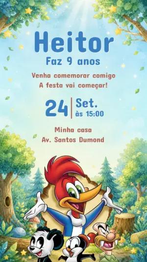 Convite de Aniversário Pica-Pau Modelo Digital Editável