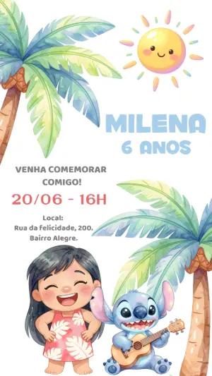 Convite de Aniversário Lilo e Stitch Aquarela para Editar