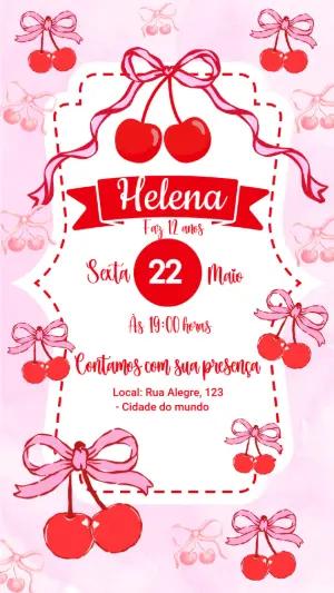 Convite Aniversário Cerejinha com Laço Rosa Modelo Editável