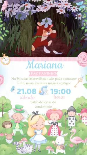 Convite Animado Aniversário Alice no País das Maravilhas para Editar
