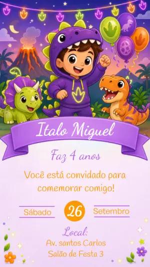 Convite de Aniversário Dinossauro Neon | Modelo Editável