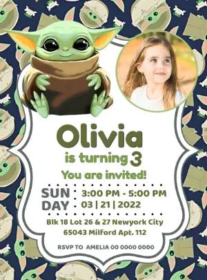 Cute Baby Yoda Birthday Invitation Editable Template with photo