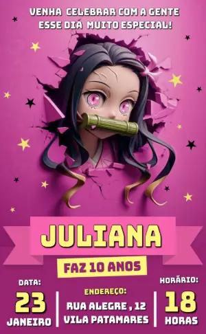 Convite Digital Aniversário Tema Nezuko para Editar