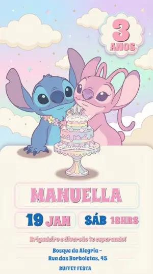 Convite Digital Aniversário Stitch e Angel em Tons Pastéis para Editar