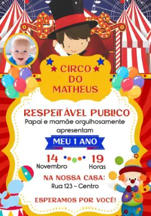 Convite Aniversário Circo Vermelho com Foto para Editar
