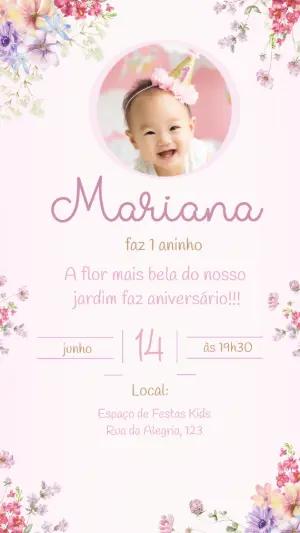 Convite de Aniversário 1 Ano Floral com Foto para Editar
