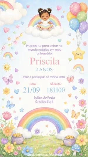 Convite de Aniversário Arco-Íris Mágico Modelo Editável