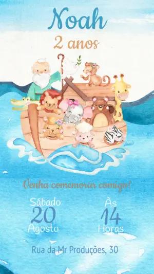 Convite Aniversário Arca de Noé com Animais para Editar Online