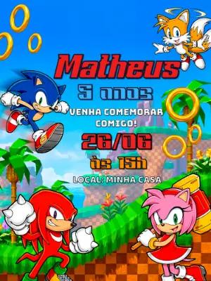 Convite de Aniversário Sonic e Turma para Editar Online