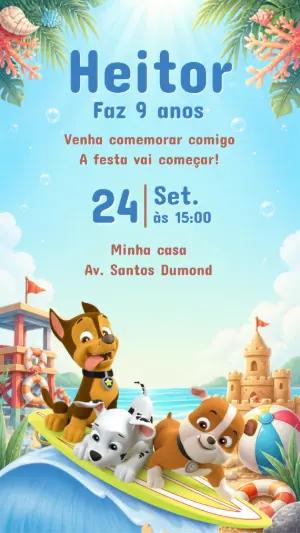 Convite Aniversário Patrulha Canina Praia Modelo Editável