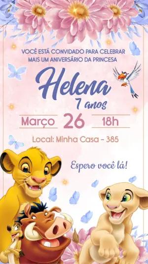 Convite Aniversário Rei Leão Floral Delicado para Editar