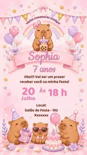 Convite de Aniversário Capivara Menina | Modelo Digital Editável