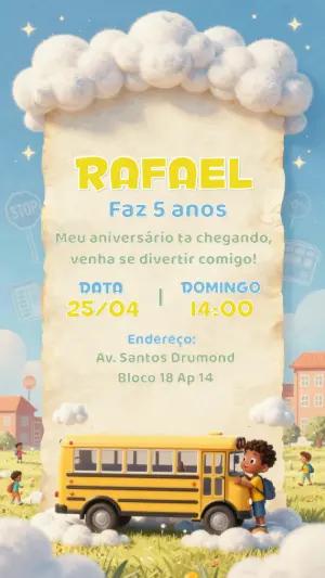 Convite de Aniversário Infantil Ônibus Escolar para Editar