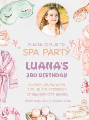 Cute Spa Party Birthday Invite with Photo - Editable Template