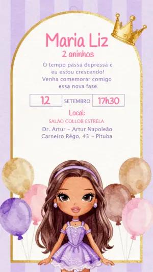 Convite de Aniversário Princesa Morena Lilás Editável
