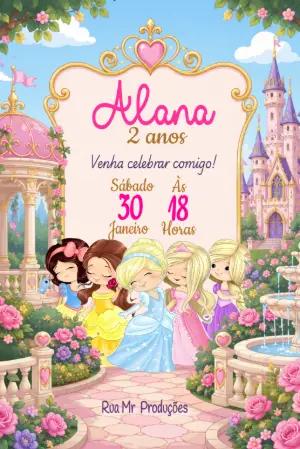 Convite Digital Aniversário Tema Princesas e Castelo Editável